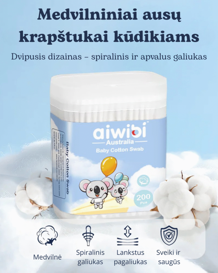 Patogi naudojimui pakuotė (3) Aiwibi ausų krapštukai kūdikiams (200 vnt.)